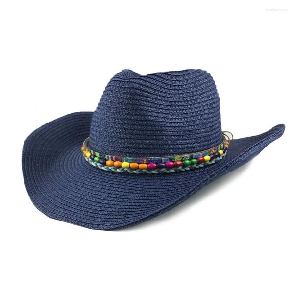 Boinas chapéu de palha de verão para homens fedora no estilo cowboy com contas coloridas