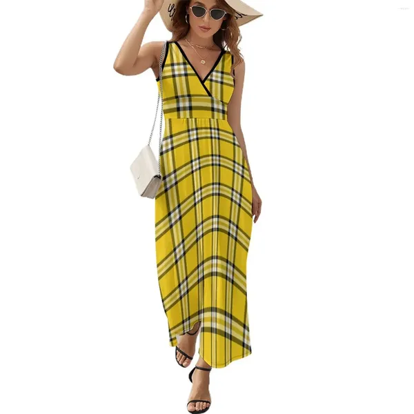 Vestidos casuais vestido xadrez amarelo linhas pretas impressão maxi maxi estética boho praia longa cintura alta roupas gráficas de tamanho grande