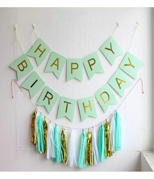 LETRAS DE OURO DE OURO DE FELIZ ANIVERSÁRIO BANNER BUNTING GREEN BUNTING 15 PCS KITS DIY KITS PAPEL DE TACO GARLANHA TAUSEL DE DECORAÇÃO DE DECORAÇÃO