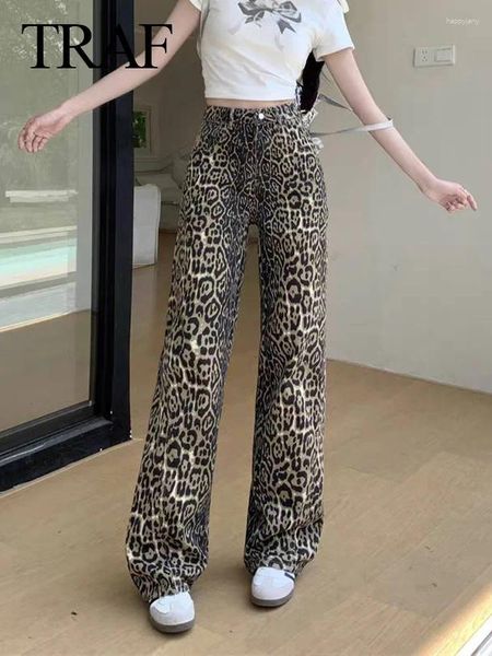 Kadın Pantolon 2024 Kadın Leopar Baskılı Düz ​​Bolca Kadın Vintage Fermuar Gevşek Uzun Yüksek Sokak Temel Y2K Giysileri