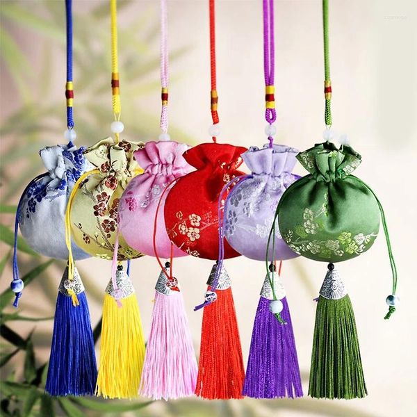 Embrulhe de presente chinês estilo seda brocado bolsa bordada bordando bolsas de pano de pano de pendente de borla para sacos de jóias