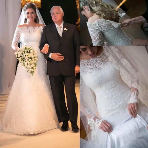 Modesto marfim branco fora de ombro de mangas compridas renda uma linha vestidos de noiva Vestidos de noiva de volta com zíper com botão coberto 303q personalizado