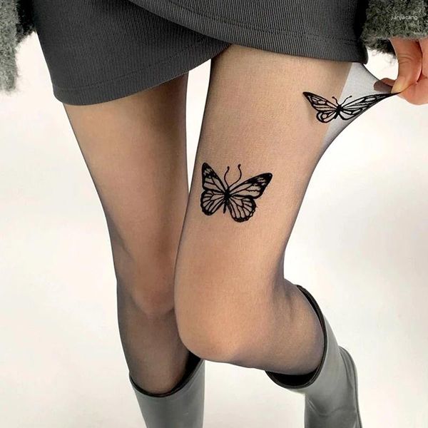 Donne calzini sexy stampe farfalla coscia calza alta stoccaggio collant lingerie ultra-sottile leggings trasparente signore di seta calda