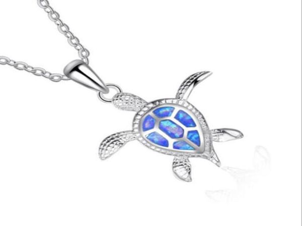 Tierschildkröten Anhänger Halskette Natural Blau Opal Sea Frauen Schmuck Legierung Silber Elegante Strandschildkröte Halsketten