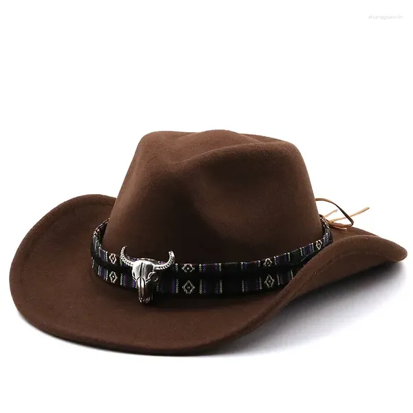 Chapéu de cowboy da moda de boinas com banda de vaca banda larga chapéus jazz jazz inverno homem mulher lã menina