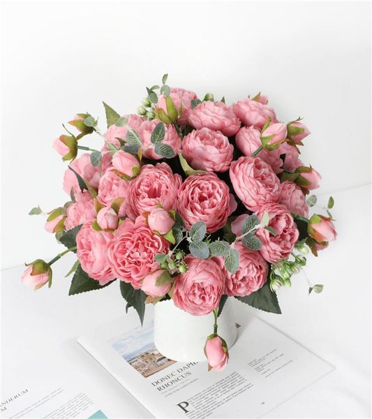 30 cm di seta rosa di seta artificiale Fiori artificiali bouquet 5 grande testa e 4 boccioli fiori finti per decorazione per matrimoni domestici Indoor9641478