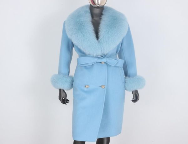 Bluenessfair Cashmere Wool Blends Real Pur Coat Double Wastes Jacket Women Women Big Natural Fox Fur Collar Outerwear 2011024394144