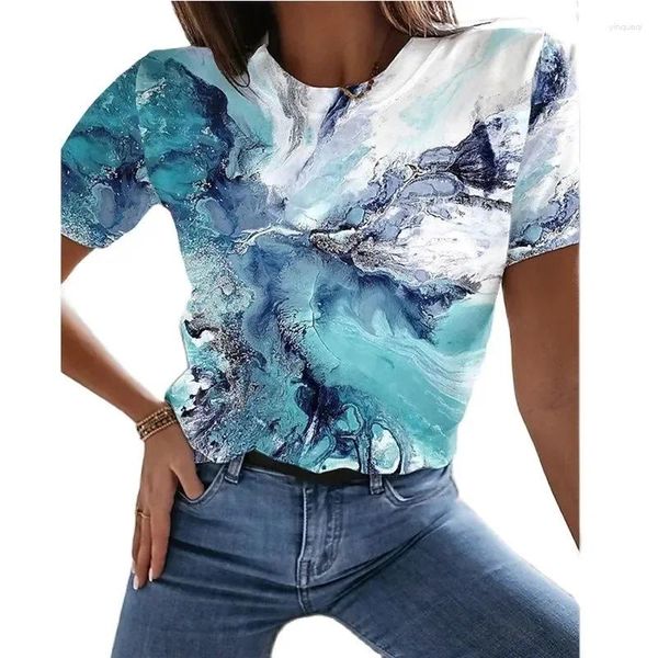 Jeans feminino 3D Pintura de impressão de camiseta PRODIÇÃO DA PAVISA 2024 Summer Round Neck Big Negal