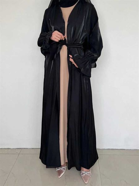 Abbigliamento etnico Ramadan Black Satin Muslim Kimono Abaya Turchia Islam Abito hijab modesto jalabiya per donne ka robe femme musulmane kaftan t240510