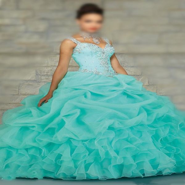Ballkleid Quinceanera Kleid Wunderschöne Perlenstraps Schatz Organza Layered Coral Mint Girl süßes 16 Kleid auf Lager 241t