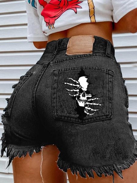 Jeans feminino weiyao crânio imprimiu curto baixo ascensão Jean shorts 2024 verão coreano moda y2k streetwear calças de jeans fêmea feminina