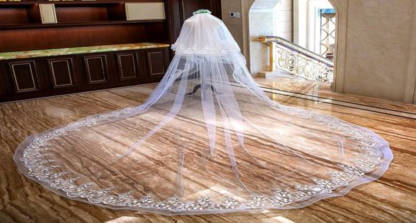 2019 Projetado véu de casamento imagens reais com comprimento de catedral véus de noiva de renda cheia com face blush mais aplicada 3m 2 camadas custo8472129
