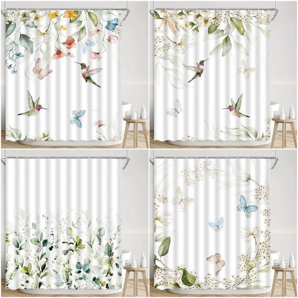 Cortinas de chuveiro Cortana da primavera Cortana aquarela Flor da fazenda verde Flor Butterfly beija -flor Eureka Decoração de banheiro moderno em casa