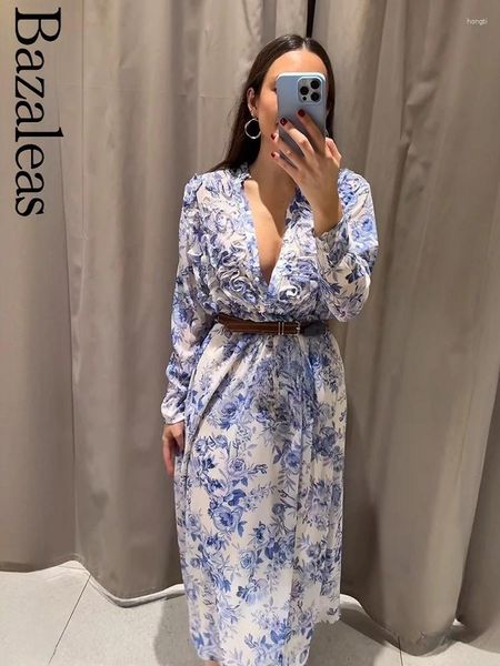 Lässige Kleider 2024 Bazaleas elegantes Blumendruckkleid mit Gürtel Bohimian Summer Official Store Vestidos