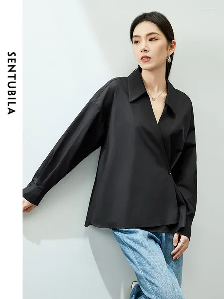 Kadın bluzları Sentubila v yaka yumuşak pamuk gevşek siyah gömlek 2024 bahar damla kol düğmesi yukarı asimetrik bluz üstleri 141c52933