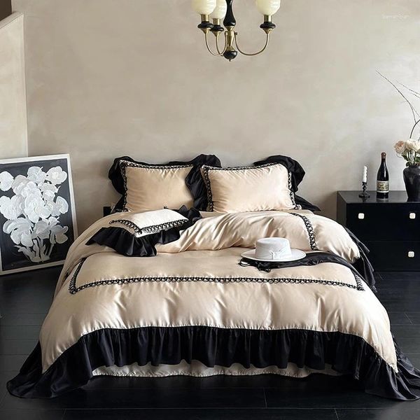 Set di biancheria da letto Champagne Vintage French in stile francese Romantico Black Ruffles 1000TC Set di cotone egiziano set piumino Copertina Foglio letto Foglio foglio 4pcs