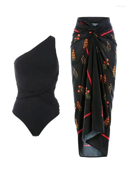 Swimwear femminile femminile Donne di moda nero monopezzo Bikini da bagno a spalla diagonale e design a vita lungo la vita semplice generosa 2024 estate