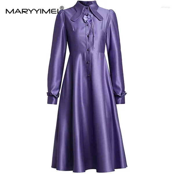 Lässige Kleider Maryyimei Mode Frauen elegantes schickes Hemdkragen Purple Blume langärmelig