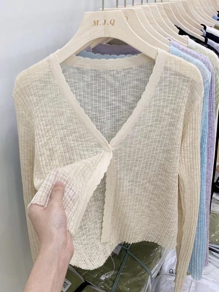 Frauen Strick koreanischer Sommer Dünne Schals Button V-Kriechen Feste Klimaanlagen Hemdschichten Eis Seidengestricker Sonnencremgans L210