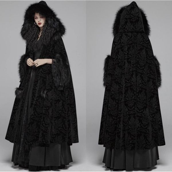 Capa de inverno de pele preta Cabo com capuz com acabamento de impressão Jackets de noiva longos Banquetes de festas especiais Gothic Wap Wedding Bride Wear 2754