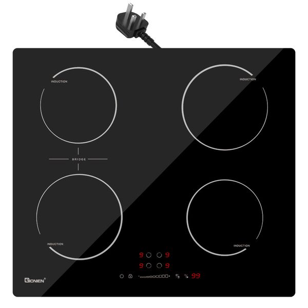 GIONIEN Plug-in Induction Hob 13 AMP 2800W, Cooktop elettrico integrato da 60 cm con zona a ponte, 4 anelli da cucina Cooker GIT470SP