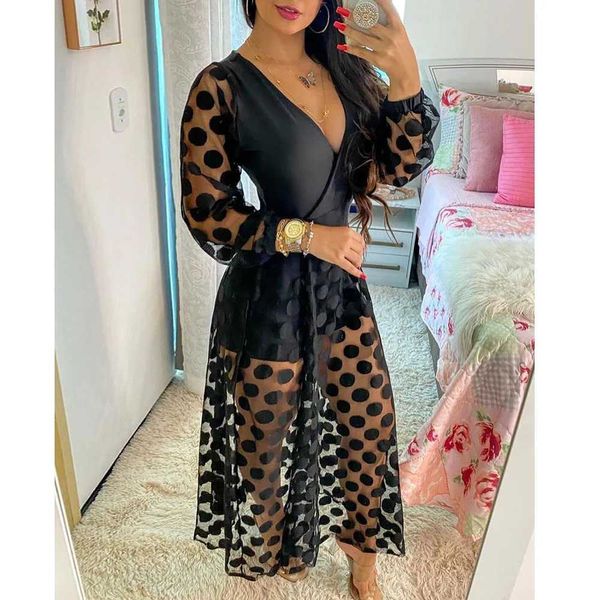 Основные повседневные платья 2022 Женская новая одежда весна Polkadot Print Wrap Long Slve Maxi Play S через вечеринку свадебные формальные элегантные Boho V Neck T240510