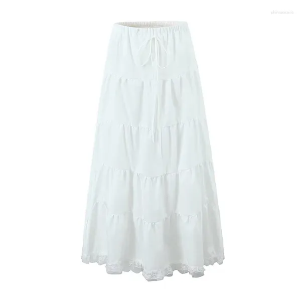 Юбки yenkye 2024 Женщины кружевные лоскутные камеры белая длинная юбка сексуальная шнурки эластичная низкая талия.