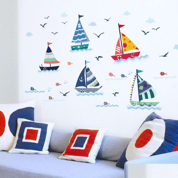 Adesivos de parede Cartoon veleiro para banheiro oceano Seag decoração de casa decoração de quarto de peixes decalques de peixes de gotas removíveis a água Delive Dharv