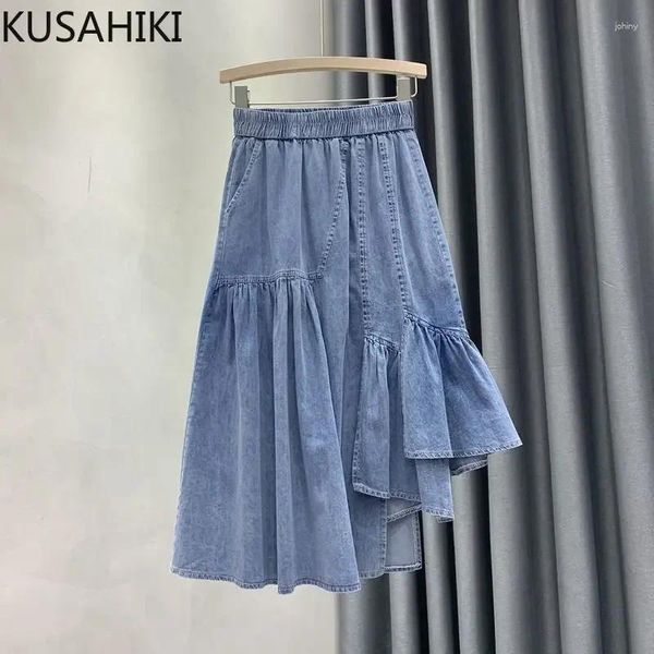 Saias Kusahiki Irregular Ruffle Patchwork A-Line Demin Womens Summer 2024 Elastic High Casted Fashion Fashion Korean Jeans Skirt