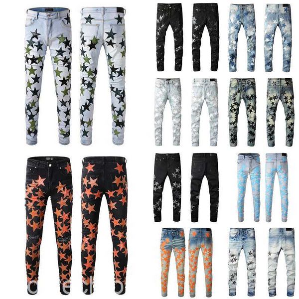 Miri Jeans Herren Designer Jeans für Jungs RIP SLIM FIT DICKNY Pants Orange Star Patches tragen Biker Denim Stretch Motorrad Trendy Baggy Ksubi Jeans mit Lochblau