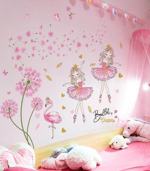 Shijuehezi Pink Flores de dente -de -leão adesivo de parede Diy Girl Flamingo Decalques murais para crianças Decoração do quarto do quarto do quarto