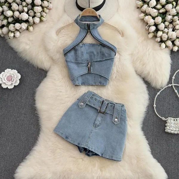 Frauen Tracksuits Denim Zwei -Stück -Sets Frauen Outfits Sommer Vintage Hanging Hals ärmellose sexy Crop Top halb Körperkörper -Rock Set für