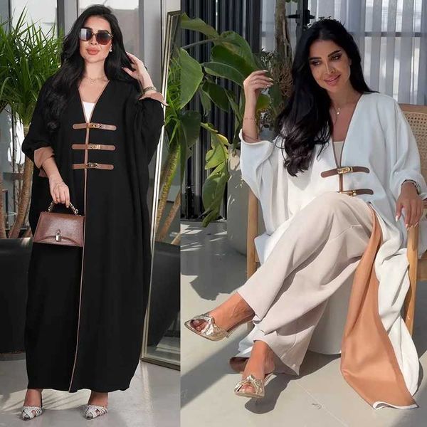 Ethnische Kleidung 2024 Neues Dubai Mode bescheidene solide offene Kimono Abayas Lederschnalle Langes Slve Kontrastfarbe Ramadan Muslim Frauen Robe T240515
