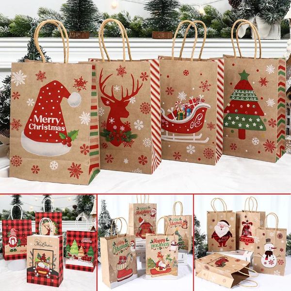 Geschenkverpackung 4pcs Weihnachten Kraftpapier Handtaschen 2024 Weihnachtsgeschenke Tasche Frohe Dekor für Home Cristmas Navidad Jahr Packsäcke