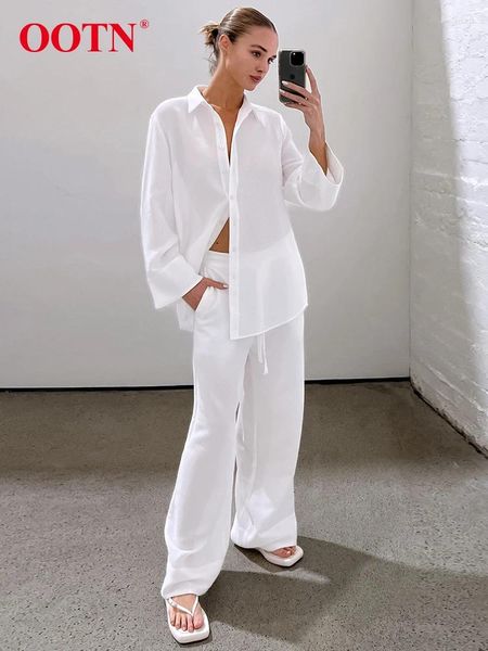Pantaloni da donna a due pezzi in cotone casual abiti bianchi in bianco 2024 sciolte gira giù camicie da colletto set di vita elastica