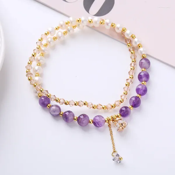 Charm Armbänder Doppelstrang natürliches Süßwasserperlenarmband für Frauen mit Kristall- und Amethyst -Feinschmuck 35 cm elastische Seilkette