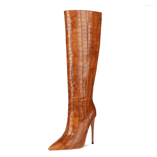 Stiefel Frau Stiletto Heels braun knietocken hocheuropäisch-amerikanischer Stil dünner Ferse-Slip auf Damen