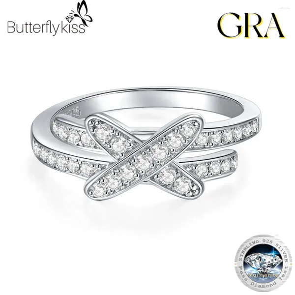 Küme halkaları butterflykiss moissanit yüzüğü kadınlar için 925 STERLING Silver Diamond X Şekli Tam Sonsuzluk Düğün Yuvarlak Kesim D Renk