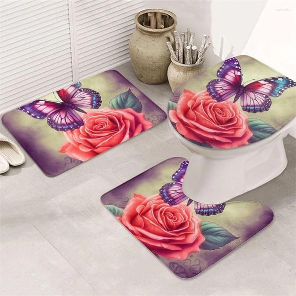 Tappetini da bagno rosa farfalla rosa set da bagno set non slittata moquet sedile del bagno a forma di bagno a U decorazione per la casa super morbida e assorbe acqua