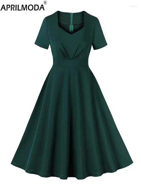 Abiti per feste a cuore collo a cuore arruffato in vita alta swing for women ufficio ol a abiti di linea eleganti e long abito vintage estivo verde elegante