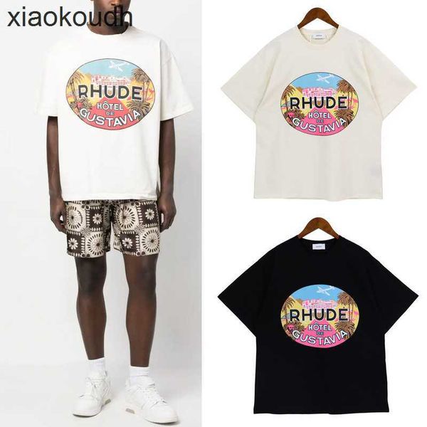 RHUDE High End Designer T-shirts para Spring/Summer Novo Half Moda Moda de Moda Oversize Cartoon Cartão Impresso T-shirt de mangas curtas com rótulos originais 1: 1