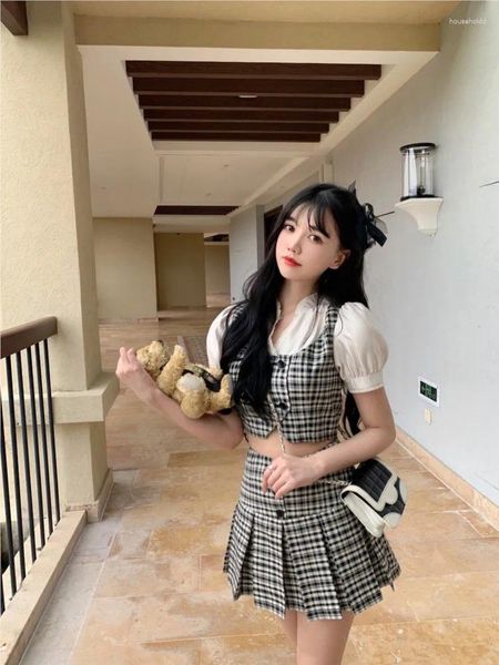 Arbeitskleider Korea Style Chic Short Sleeve Rock Anzug Mode Süße schwarze weiße Plaid 2 Stücke aus Outfits Sommer schlanker Top Miniröcke