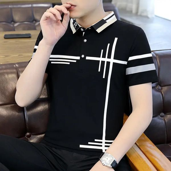 Винтажная футболка поло для мужчин для мужчин Top Streetwear Черная полосатая одежда с воротничками