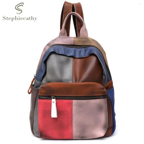 Rucksack SC Bunt gestrichene echte Leder Patchwork für Frauen große Kapazität Casual Vintage funktionaler Umhängetasche Rucksack