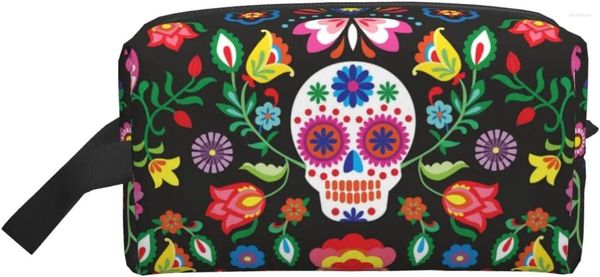 Stume di stoccaggio Sugar Sugar Sugns Day of the Dead Flowers Borsa cosmetica per donne Accessori per la toilette impermeabili per trucco grande