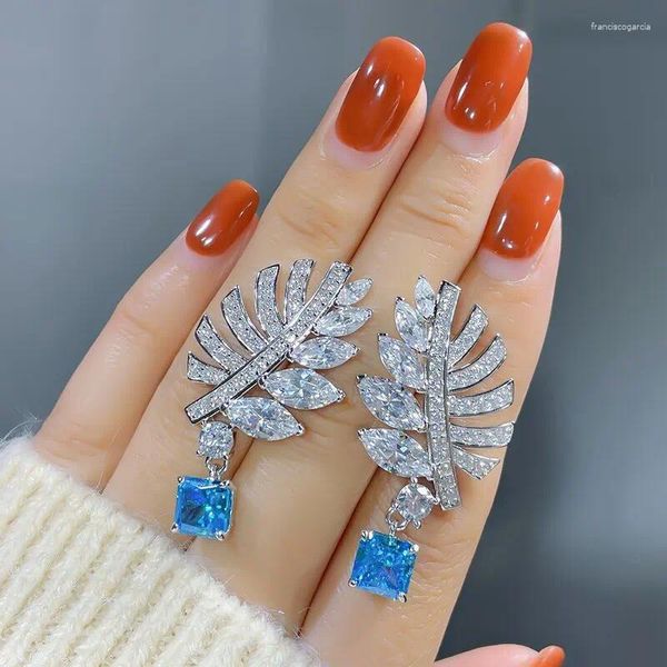 Dangle Ohrringe Feather Lab Aquamarine Diamond Ohrring 925 Sterling Silber Schmuckparty Hochzeitsabfall für Frauen Geburtstagsgeschenk