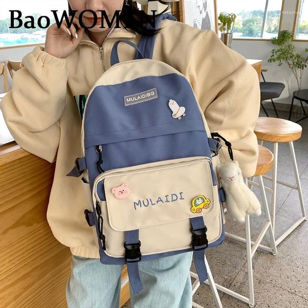 Backpack Baowomen Preppy Inserir fivela de nylon à prova d'água Mulheres pretas verde azul de bolso múltiplo bolso escolar laptop feminino laptop