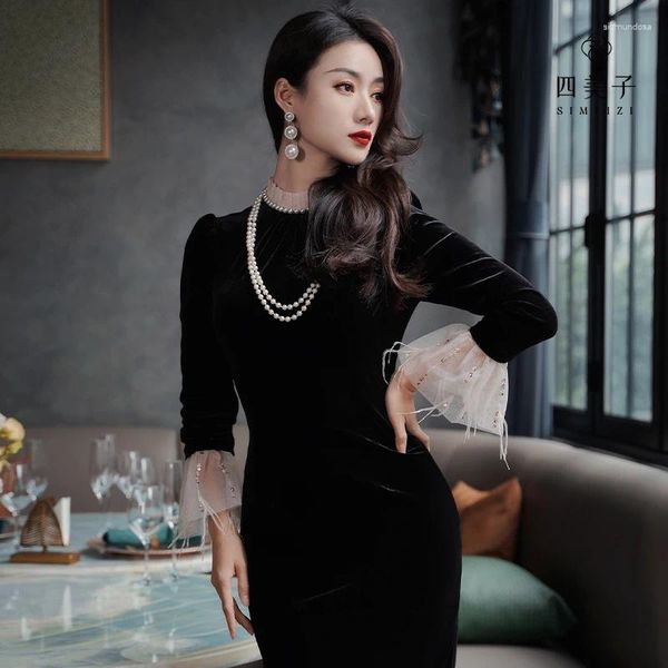 Vestidos casuais Simeizi Hanfu Modern Cheongsam Dress for Women's Slothing 2024 Inverno Black Chinês Tradicional Velvet Vintage Slim Qipao