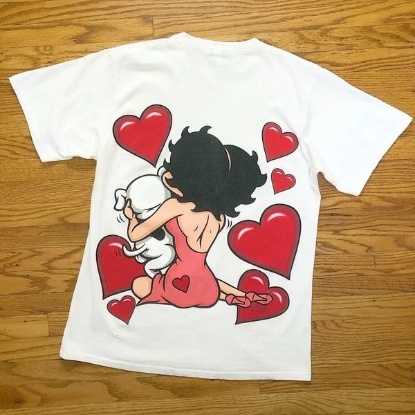 T-shirt Summer Lovers Love Puppy Padrão Impressão de algodão Y2K High Street Brand Loose Joker Casating Roupas 240508