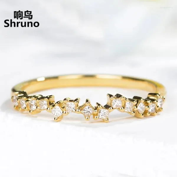 Anéis de cluster Shruno Solid 14K 585 Anel de noivado de diamantes naturais de ouro amarelo para mulheres meio Eternidade Princesa Cut Bridal Bridal